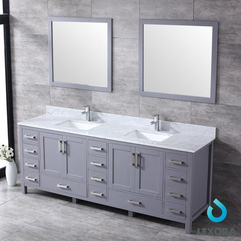 Image of Jacques 84" Dark Grey Double Vanity | White Carrara Marble Top | White Square Sinks and 34" Mirrors