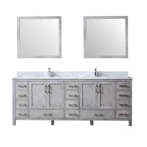 Jacques 84" Distressed Grey Double Vanity | White Carrara Marble Top | White Square Sinks and 34" Mirrors