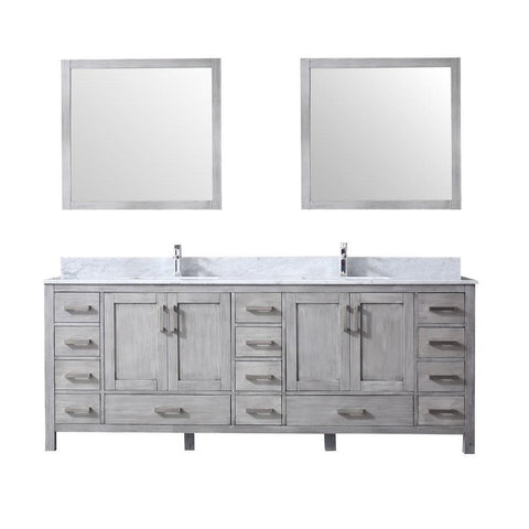 Image of Jacques 84" Distressed Grey Double Vanity | White Carrara Marble Top | White Square Sinks and 34" Mirrors