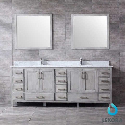 Image of Jacques 84" Distressed Grey Double Vanity | White Carrara Marble Top | White Square Sinks and 34" Mirrors