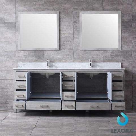 Image of Jacques 84" Distressed Grey Double Vanity | White Carrara Marble Top | White Square Sinks and 34" Mirrors
