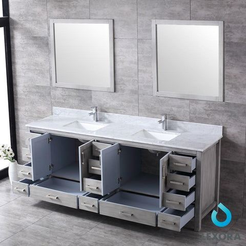 Image of Jacques 84" Distressed Grey Double Vanity | White Carrara Marble Top | White Square Sinks and 34" Mirrors