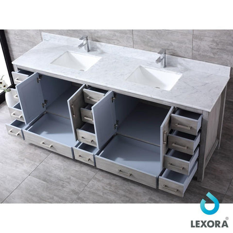 Image of Jacques 84" Distressed Grey Double Vanity | White Carrara Marble Top | White Square Sinks and 34" Mirrors