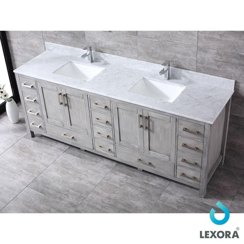 Image of Jacques 84" Distressed Grey Double Vanity | White Carrara Marble Top | White Square Sinks and 34" Mirrors