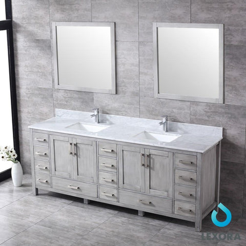 Image of Jacques 84" Distressed Grey Double Vanity | White Carrara Marble Top | White Square Sinks and 34" Mirrors