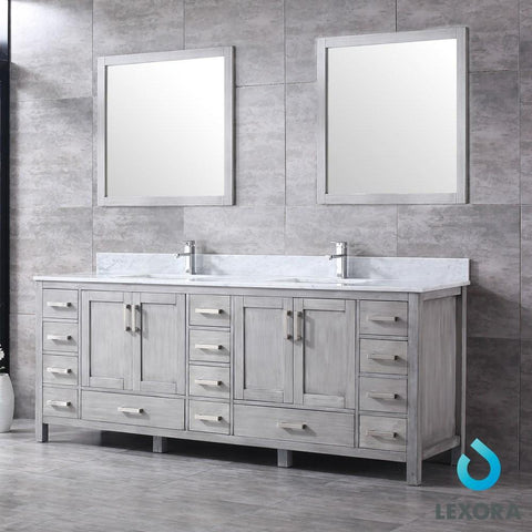 Image of Jacques 84" Distressed Grey Double Vanity | White Carrara Marble Top | White Square Sinks and 34" Mirrors