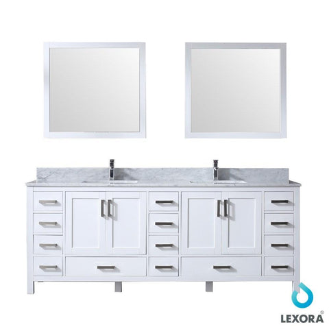 Image of Jacques 84" White Double Vanity | White Carrara Marble Top | White Square Sinks and 34" Mirrors