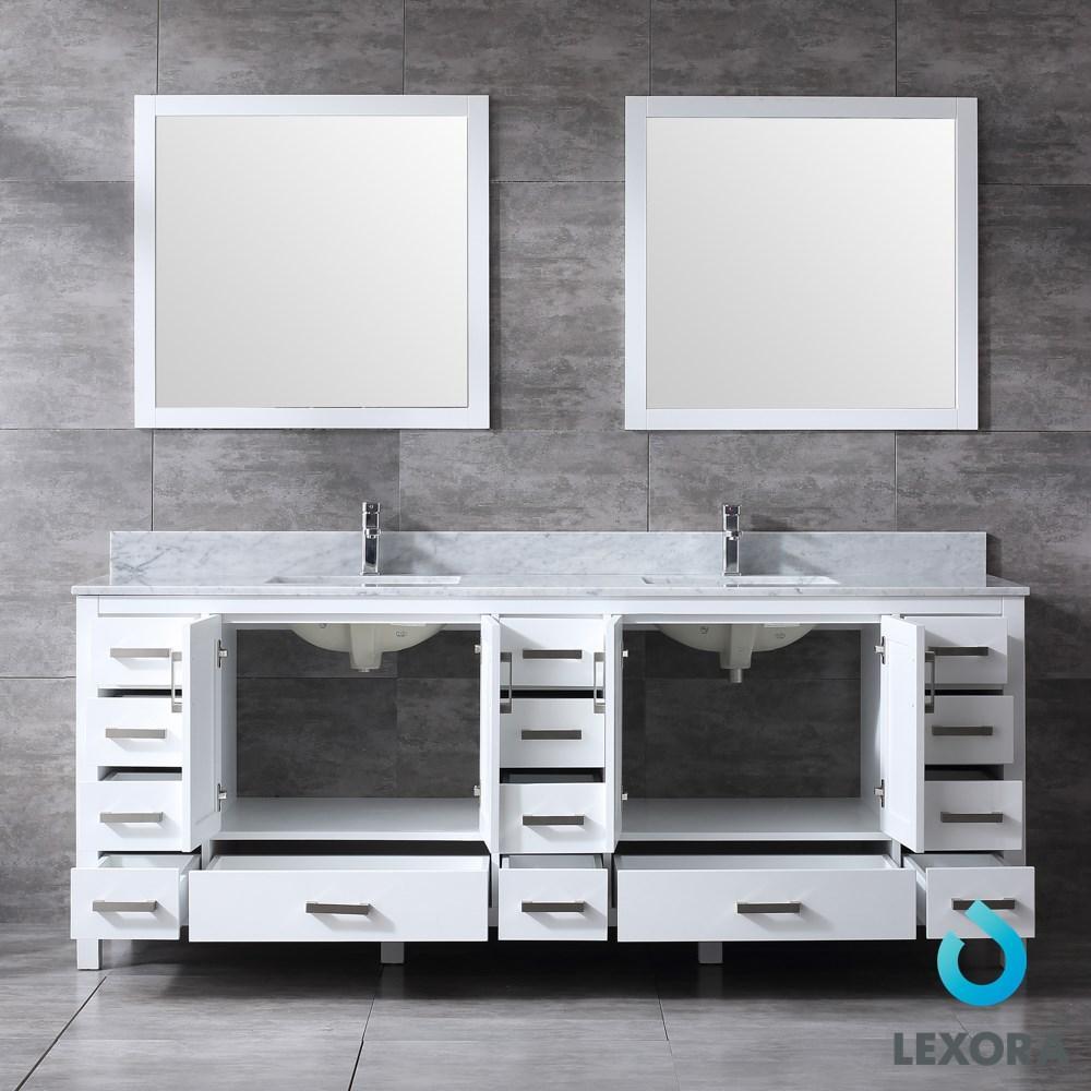 Jacques 84" White Double Vanity | White Carrara Marble Top | White Square Sinks and 34" Mirrors