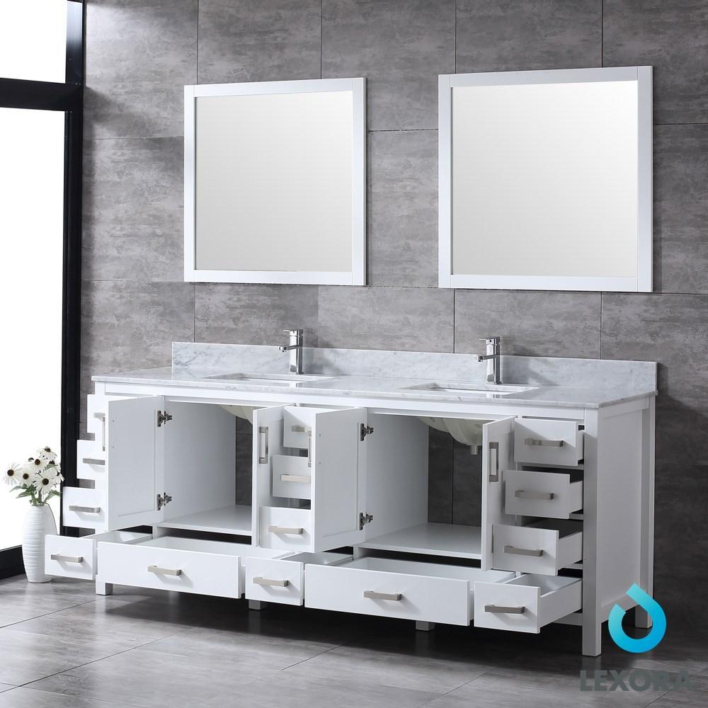Jacques 84" White Double Vanity | White Carrara Marble Top | White Square Sinks and 34" Mirrors