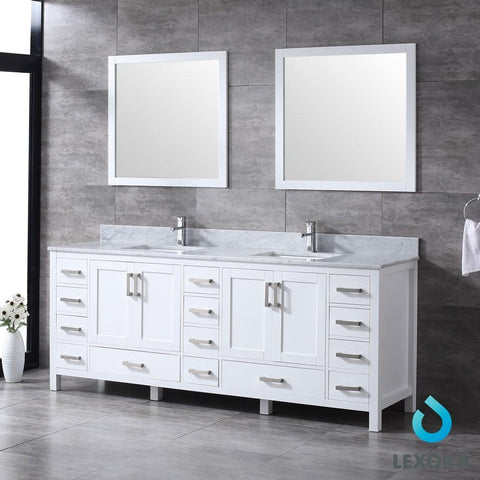 Image of Jacques 84" White Double Vanity | White Carrara Marble Top | White Square Sinks and 34" Mirrors