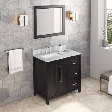 Image of Jeffrey Alexander Cade Contemporary 36" Black Single Undermount Sink Vanity With Marble Top, Left Offset | VKITCAD36BKWCR VKITCAD36BKWCR
