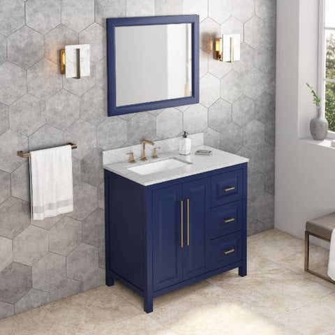 Image of Jeffrey Alexander Cade Contemporary 36" Hale Blue Single Undermount Sink Vanity With Marble Top, Left Offset | VKITCAD36BLWCR VKITCAD36BLWCR