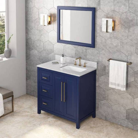 Image of Jeffrey Alexander Cade Contemporary 36" Hale Blue Single Undermount Sink Vanity With Marble Top, Left Offset | VKITCAD36BLWCR VKITCAD36BLWCR