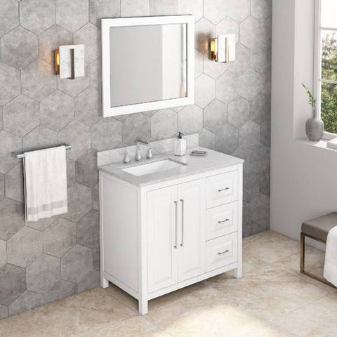 Image of Jeffrey Alexander Cade Contemporary 36" White Single Undermount Sink Vanity With Marble Top, Left Offset | VKITCAD36WHWCR VKITCAD36WHWCR