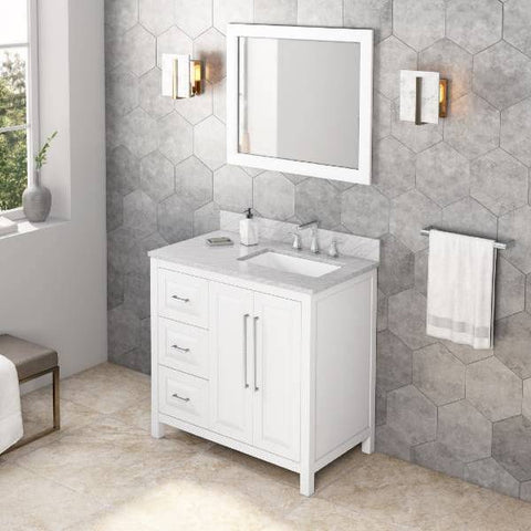 Image of Jeffrey Alexander Cade Contemporary 36" White Single Undermount Sink Vanity With Marble Top, Left Offset | VKITCAD36WHWCR VKITCAD36WHWCR