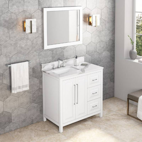 Image of Jeffrey Alexander Cade Contemporary 36" White Single Undermount Sink Vanity With Quartz Top, Left Offset | VKITCAD36WHCQR VKITCAD36WHCQR