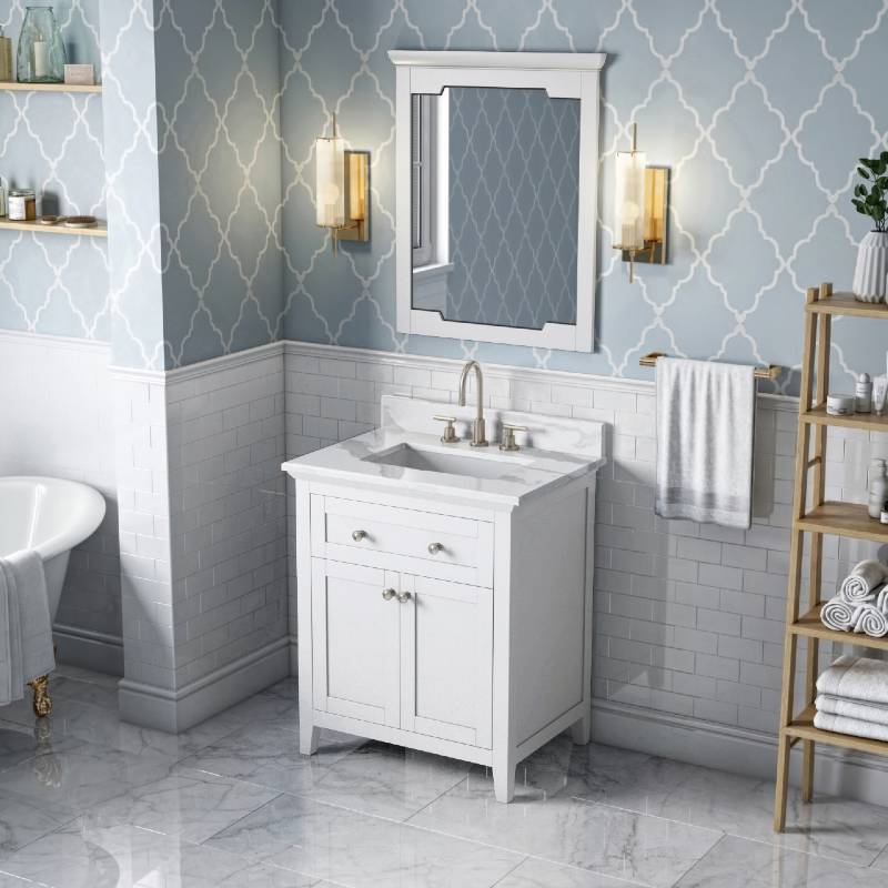 Jeffrey Alexander Chatham Traditional 30" White Single Undermount Sink Vanity With Quartz Top | VKITCHA30WHCQR VKITCHA30WHCQR