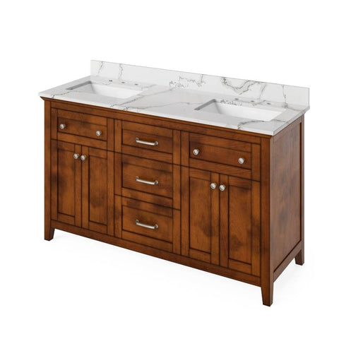 Image of Jeffrey Alexander Chatham Traditional 60" Chocolate Double Undermount Sink Vanity With Quartz Top | VKITCHA60CHCQR VKITCHA60CHCQR