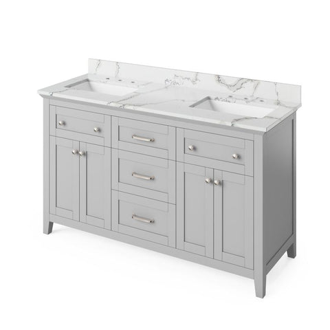 Image of Jeffrey Alexander Chatham Traditional 60" Grey Double Undermount Sink Vanity With Quartz Top | VKITCHA60GRCQR VKITCHA60GRCQR