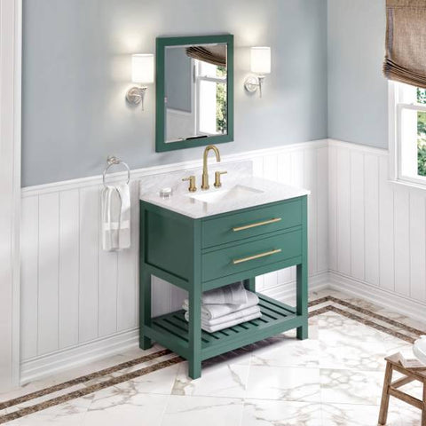 Image of Jeffrey Alexander Wavecrest Contemporary 36" Forest Green Single Undermount Sink Vanity With Marble Top | VKITWAV36GNWCR VKITWAV36GNWCR