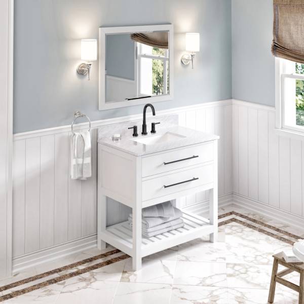 Jeffrey Alexander Wavecrest Contemporary 36" White Single Undermount Sink Vanity With Marble Top | VKITWAV36WHWCR VKITWAV36WHWCR