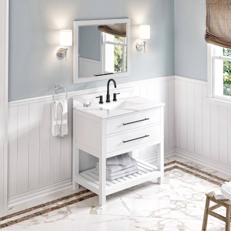 Jeffrey Alexander Wavecrest Contemporary 36" White Single Undermount Sink Vanity With Quartz Top | VKITWAV36WHCQR VKITWAV36WHCQR