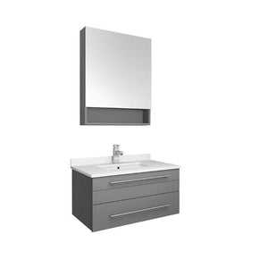 Lucera 30" Gray Modern Wall Hung Undermount Sink Vanity w/ Medicine Cabinet FVN6130GR-UNS-FFT1030BN