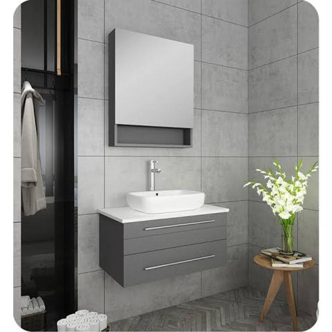 Image of Lucera 30" Gray Modern Wall Hung Vessel Sink Vanity w/ Medicine Cabinet