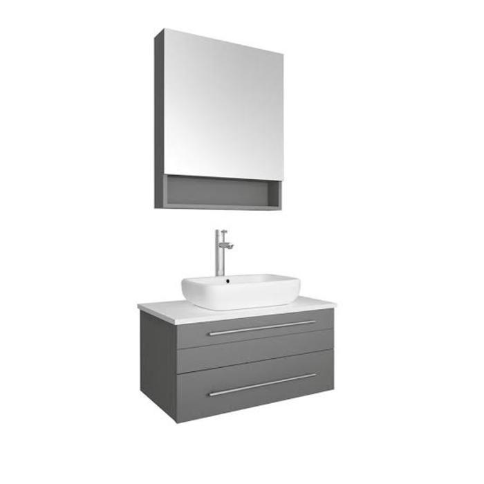 Lucera 30" Gray Modern Wall Hung Vessel Sink Vanity w/ Medicine Cabinet FVN6130GR-VSL-FFT1044CH