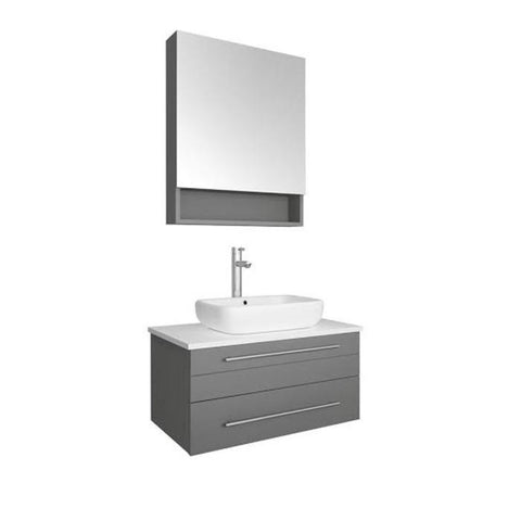 Image of Lucera 30" Gray Modern Wall Hung Vessel Sink Vanity w/ Medicine Cabinet FVN6130GR-VSL-FFT1044CH