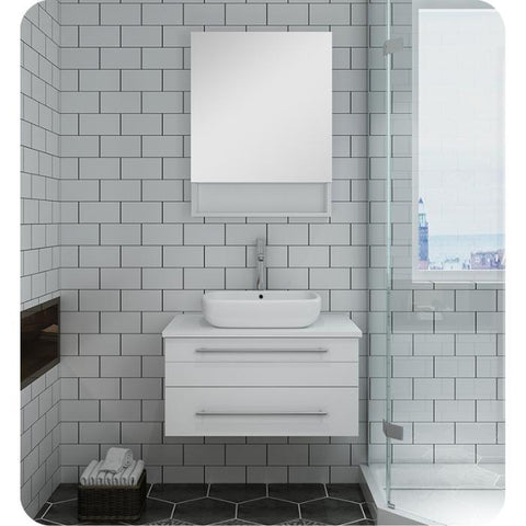 Image of Lucera 30" White Modern Wall Hung Vessel Sink Vanity w/ Medicine Cabinet