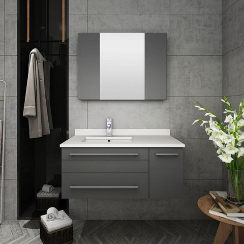 Lucera 36" Gray Modern Wall Hung Undermount Sink Vanity- Left Offset