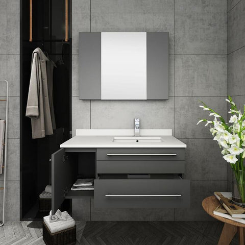 Image of Lucera 36" Gray Modern Wall Hung Undermount Sink Vanity- Right Offset