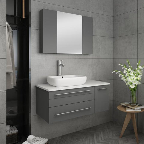 Image of Lucera 36" Gray Modern Wall Hung Vessel Sink Modern Bathroom Vanity - Left Offset