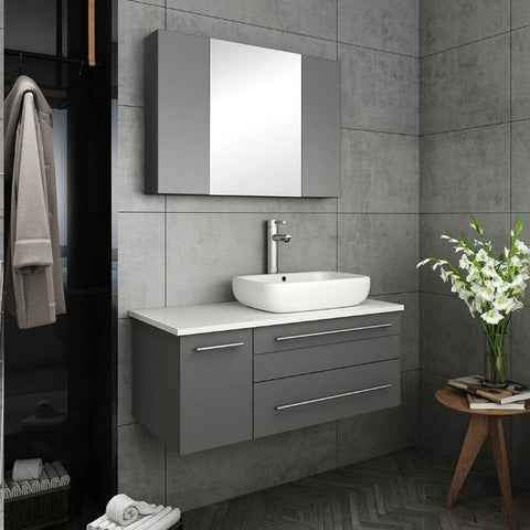Lucera 36" Gray Modern Wall Hung Vessel Sink Modern Vanity - Right Offset