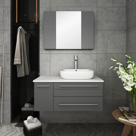 Image of Lucera 36" Gray Modern Wall Hung Vessel Sink Modern Vanity - Right Offset