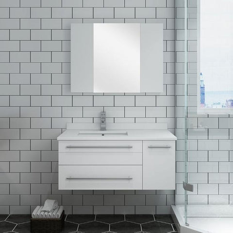 Image of Lucera 36" White Modern Wall Hung Undermount Sink Vanity- Left Offset