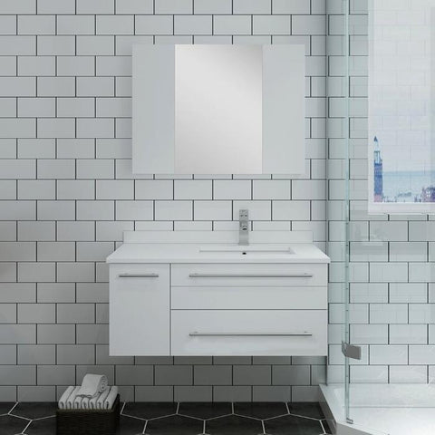 Image of Lucera 36" White Modern Wall Hung Undermount Sink Vanity- Right Offset