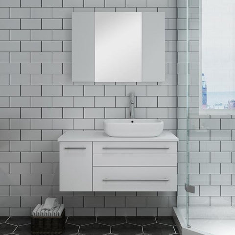 Image of Lucera 36" White Modern Wall Hung Vessel Sink Modern Bathroom Vanity - Left Offset