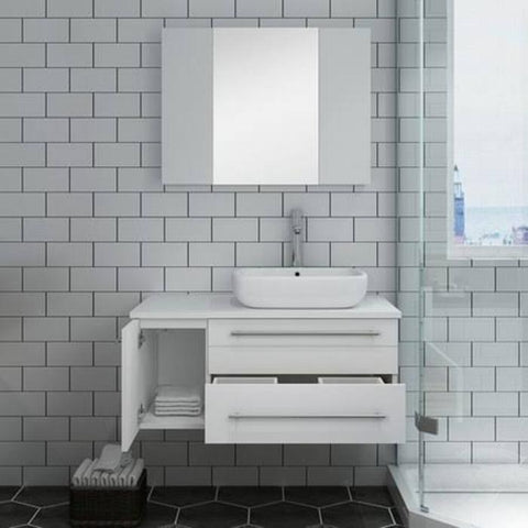 Image of Lucera 36" White Modern Wall Hung Vessel Sink Modern Bathroom Vanity - Left Offset