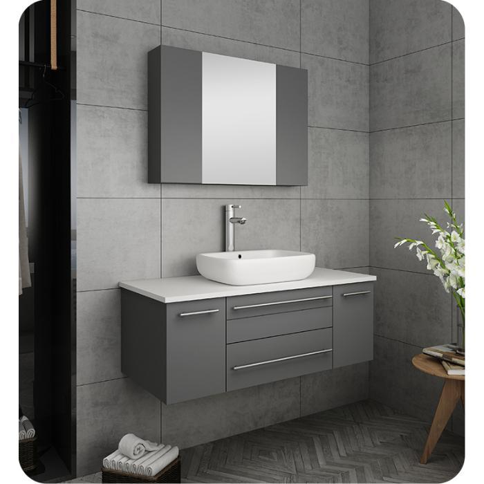Lucera 42" Gray Modern Wall Hung Vessel Sink Modern Vanity w/ Medicine Cabinet