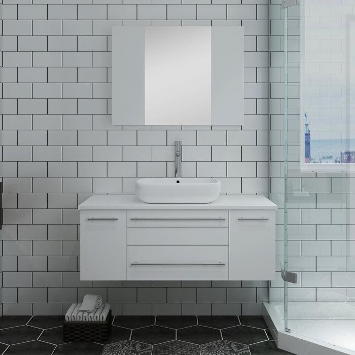 Lucera 42" White Modern Wall Hung Vessel Sink Modern Vanity w/ Medicine Cabinet