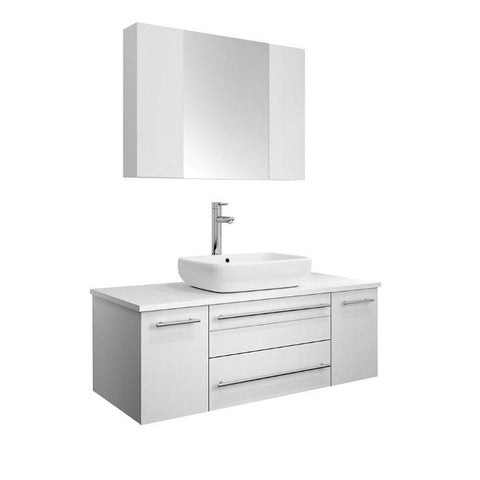 Image of Lucera 42" White Modern Wall Hung Vessel Sink Modern Vanity w/ Medicine Cabinet FVN6142WH-VSL-FFT1044CH