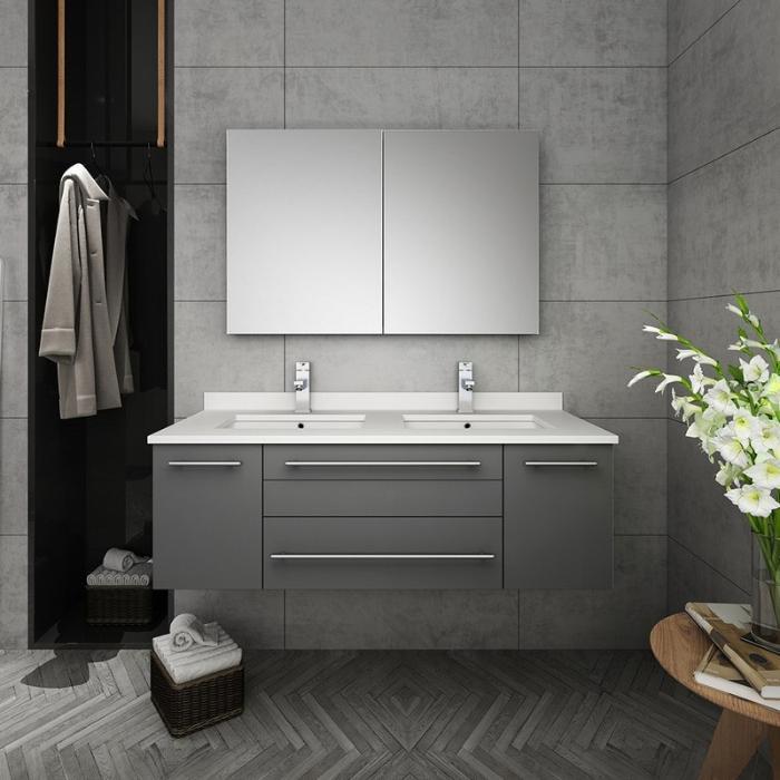 Lucera 48" Gray Modern Wall Hung Double Undermount Sink Bathroom Vanity