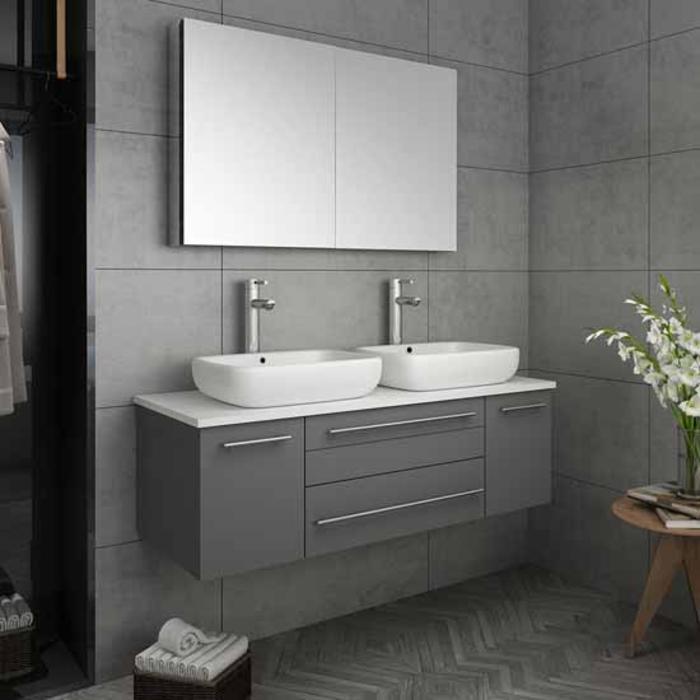 Lucera 48" Gray Modern Wall Hung Double Vessel Sink Modern Bathroom Vanity
