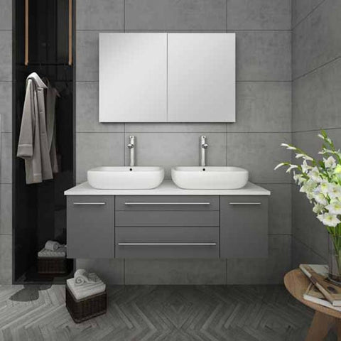 Image of Lucera 48" Gray Modern Wall Hung Double Vessel Sink Modern Bathroom Vanity