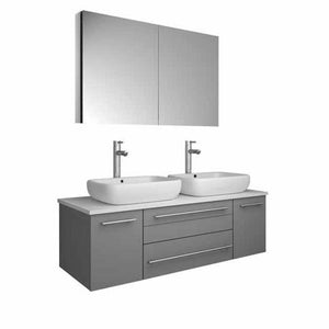 Lucera 48" Gray Modern Wall Hung Double Vessel Sink Modern Bathroom Vanity FVN6148GR-VSL-D-FFT1044CH