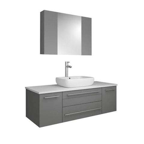 Image of Lucera 48" Gray Modern Wall Hung Vessel Sink Modern Vanity w/ Medicine Cabinet FVN6148GR-VSL-FFT1044CH
