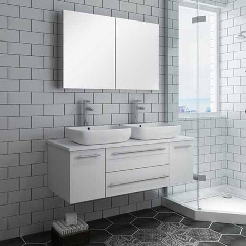 Image of Lucera 48" White Modern Wall Hung Double Vessel Sink Modern Bathroom Vanity