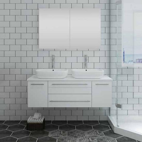 Image of Lucera 48" White Modern Wall Hung Double Vessel Sink Modern Bathroom Vanity